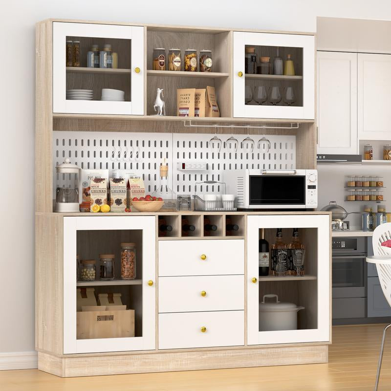 VOWNER 63" Kitchen Pantry with Outlets, Buffet Hutch with Pegboard, Cup Holder & Wine Racks, Freestanding Storage Cabinet Affordable Pantry Fathersdaygift