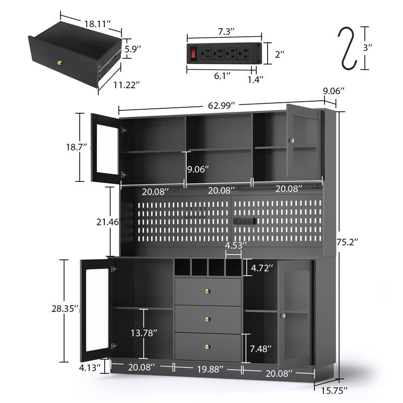 VOWNER 63" Kitchen Pantry with Outlets, Buffet Hutch with Pegboard, Cup Holder & Wine Racks, Freestanding Storage Cabinet Affordable Pantry Fathersdaygift