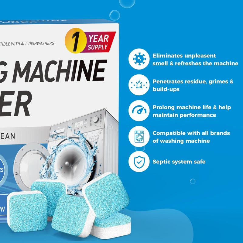 Washing Machine Cleaner Descaler 24 Pack - Deep Cleaning Tablets for HE Front Loader & Top Load Washer, Septic Safe Eco-Friendly Deodorizer, Clean inside Drum and Laundry Tub Seal - 12 Month Supply