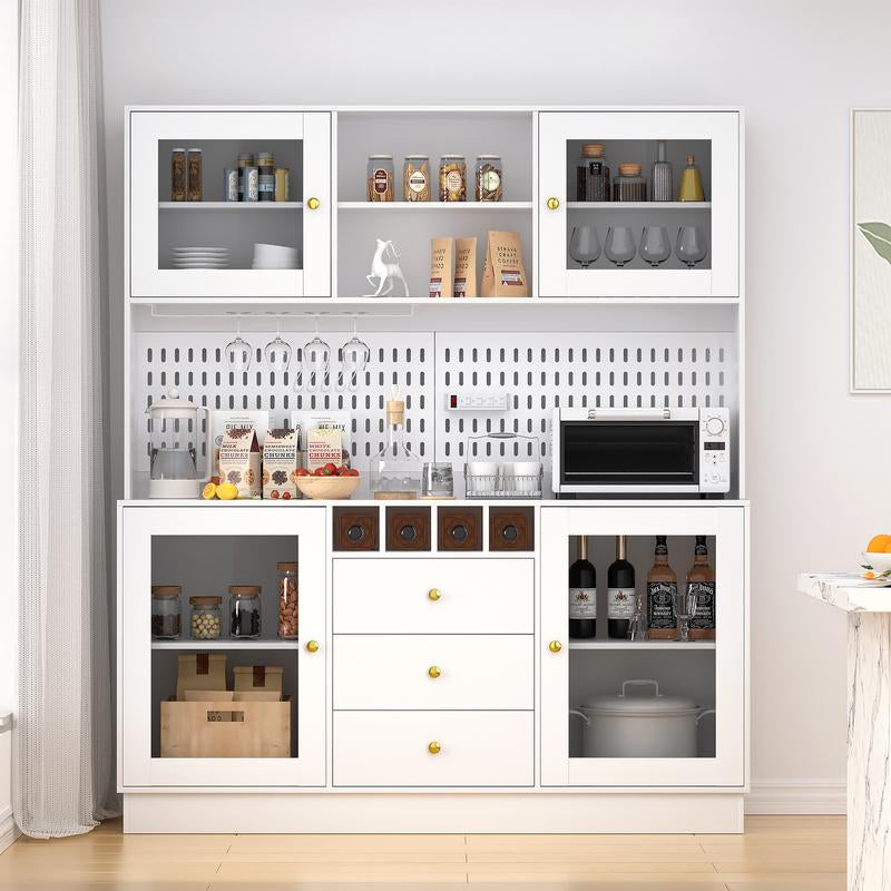 VOWNER 63" Kitchen Pantry with Outlets, Buffet Hutch with Pegboard, Cup Holder & Wine Racks, Freestanding Storage Cabinet Affordable Pantry Fathersdaygift