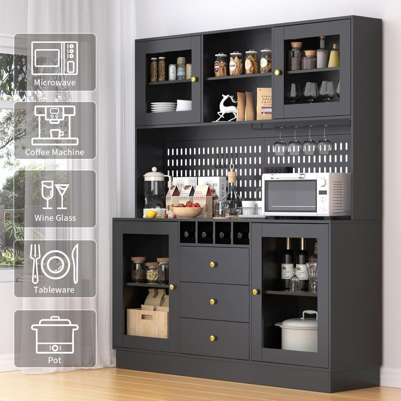VOWNER 63" Kitchen Pantry with Outlets, Buffet Hutch with Pegboard, Cup Holder & Wine Racks, Freestanding Storage Cabinet Affordable Pantry Fathersdaygift