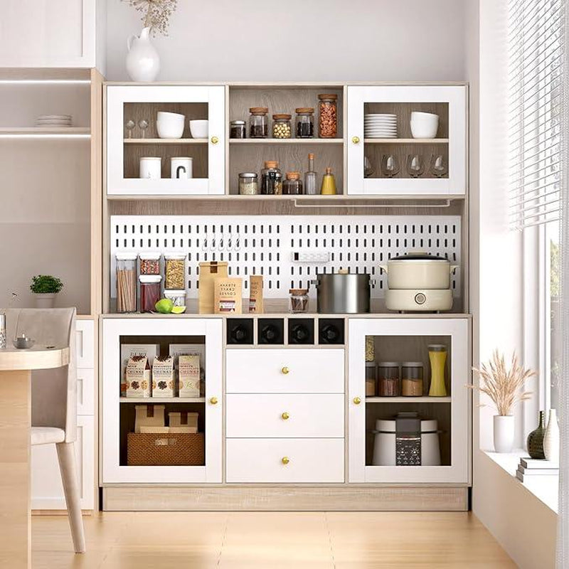 VOWNER 63" Kitchen Pantry with Outlets, Buffet Hutch with Pegboard, Cup Holder & Wine Racks, Freestanding Storage Cabinet Affordable Pantry Fathersdaygift