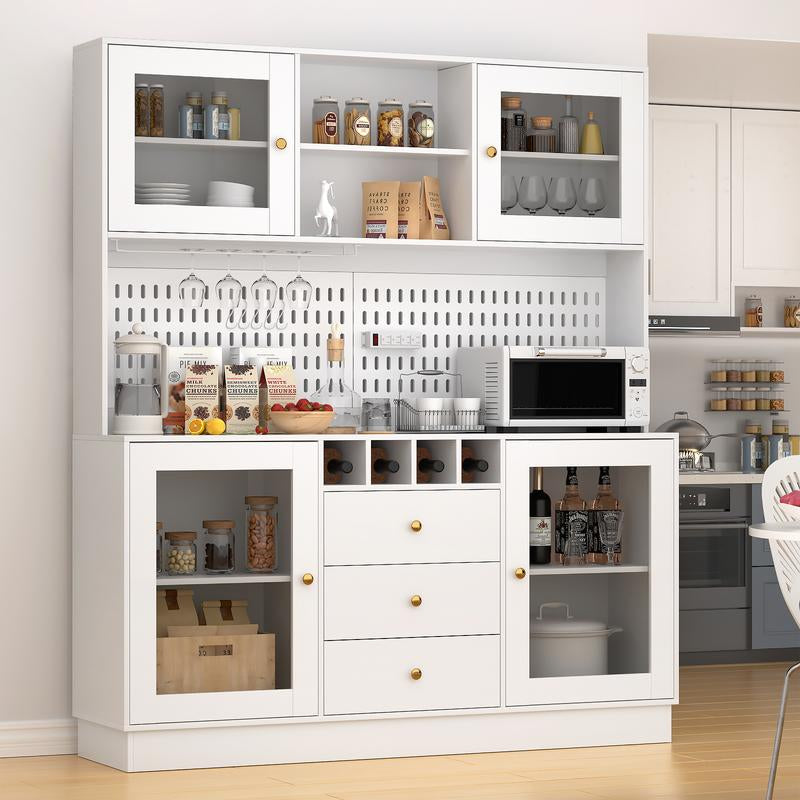 VOWNER 63" Kitchen Pantry with Outlets, Buffet Hutch with Pegboard, Cup Holder & Wine Racks, Freestanding Storage Cabinet Affordable Pantry Fathersdaygift