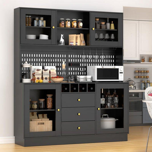 VOWNER 63" Kitchen Pantry with Outlets, Buffet Hutch with Pegboard, Cup Holder & Wine Racks, Freestanding Storage Cabinet Affordable Pantry Fathersdaygift