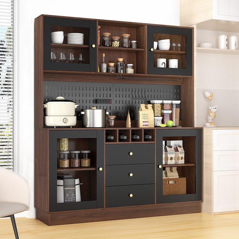 VOWNER 63" Kitchen Pantry with Outlets, Buffet Hutch with Pegboard, Cup Holder & Wine Racks, Freestanding Storage Cabinet Affordable Pantry Fathersdaygift