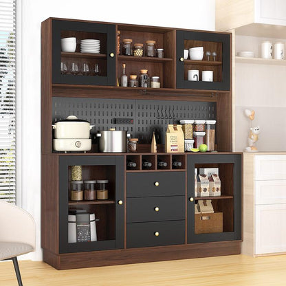 VOWNER 63" Kitchen Pantry with Outlets, Buffet Hutch with Pegboard, Cup Holder & Wine Racks, Freestanding Storage Cabinet Affordable Pantry Fathersdaygift