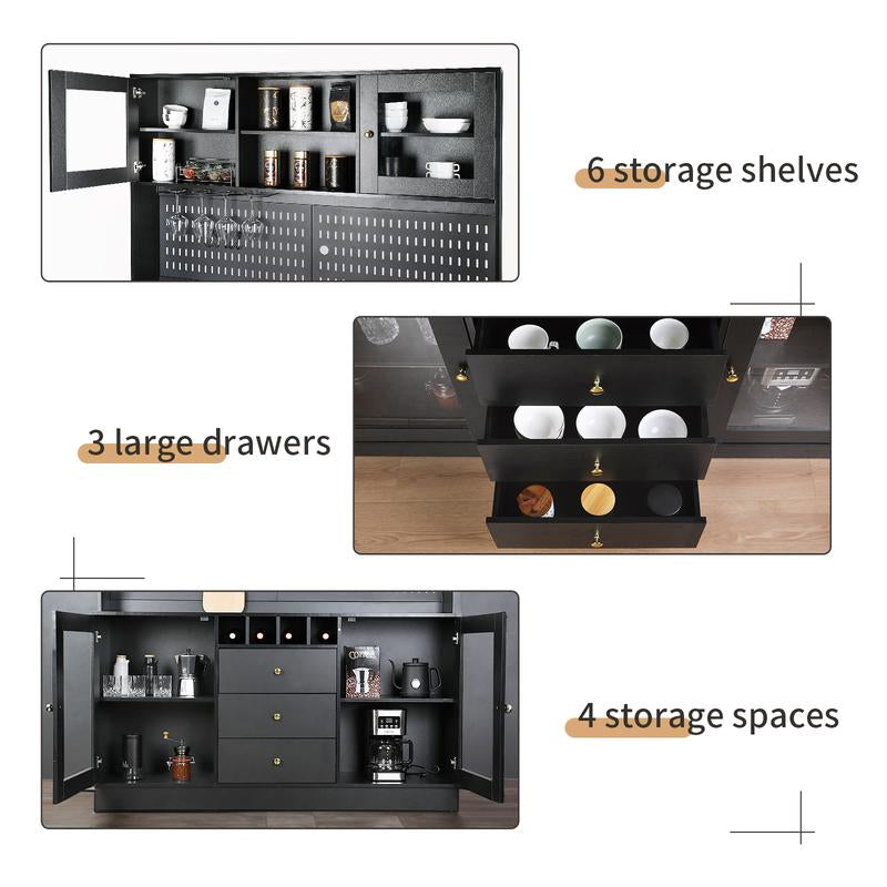 VOWNER 63" Kitchen Pantry with Outlets, Buffet Hutch with Pegboard, Cup Holder & Wine Racks, Freestanding Storage Cabinet Affordable Pantry Fathersdaygift
