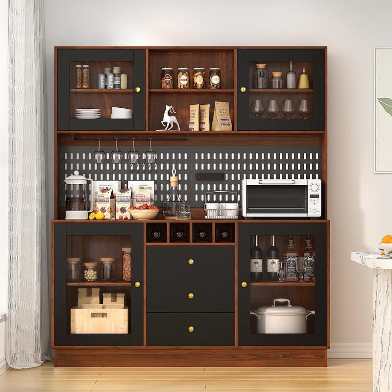 VOWNER 63" Kitchen Pantry with Outlets, Buffet Hutch with Pegboard, Cup Holder & Wine Racks, Freestanding Storage Cabinet Affordable Pantry Fathersdaygift