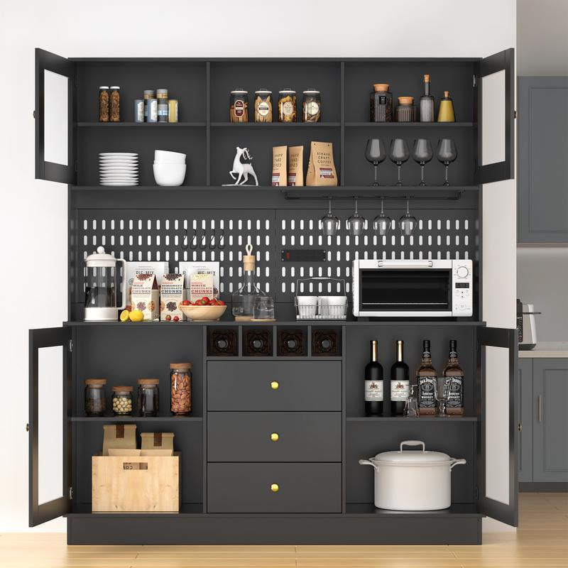 VOWNER 63" Kitchen Pantry with Outlets, Buffet Hutch with Pegboard, Cup Holder & Wine Racks, Freestanding Storage Cabinet Affordable Pantry Fathersdaygift